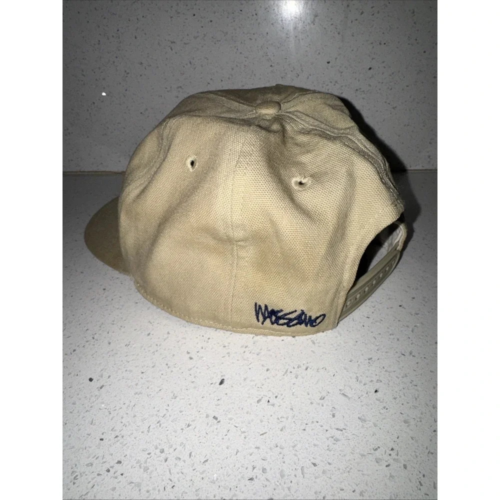 Vintage 90s Mossimo Embroidered Script Logo Canvas Baseball Cap Hat Beige Blue